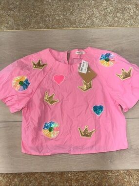 Main Strip Pink Short Sleeve Embellished Top
